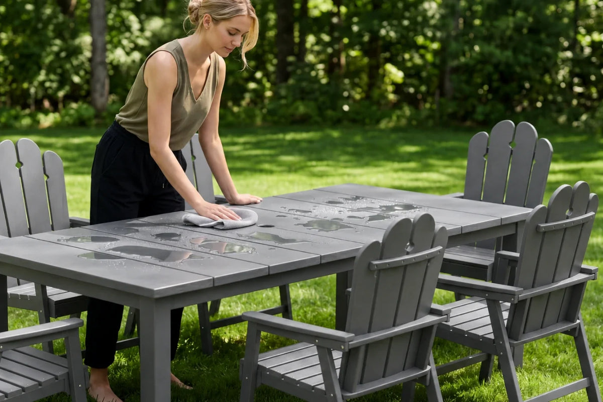 Woman wiping down a gray outdoor table in a garden