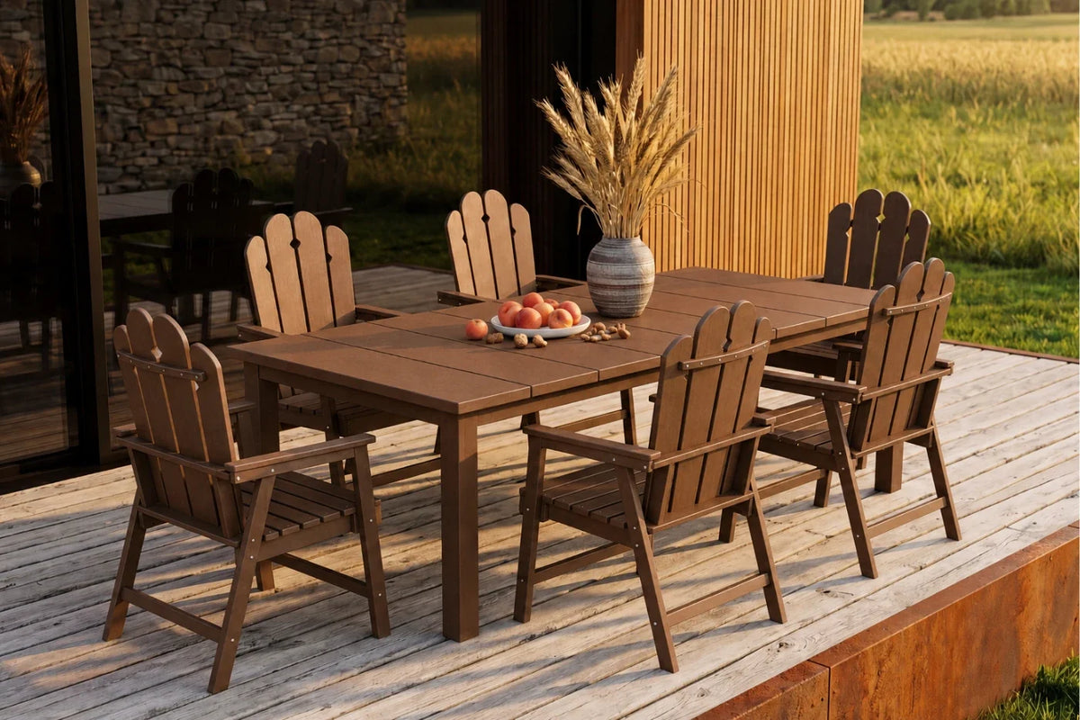 Light brown outdoor dining set with table and 6 chairs on a deck.