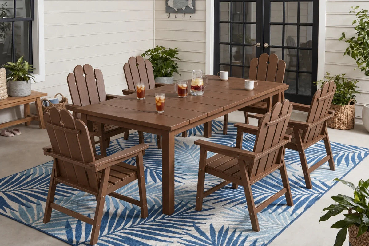 Light brown outdoor dining set with chairs and table on a patio with plants and rug.