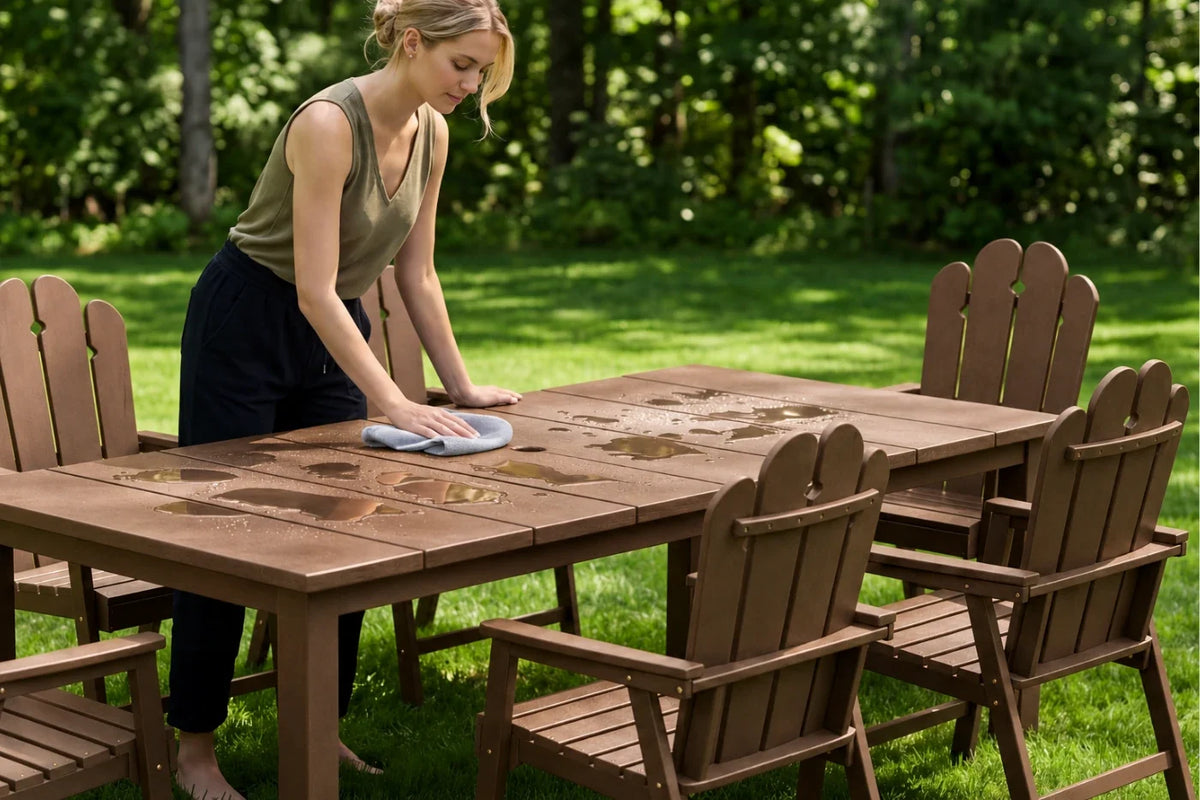 Woman cleaning a light brown outdoor HDPE table and chairs in a garden setting