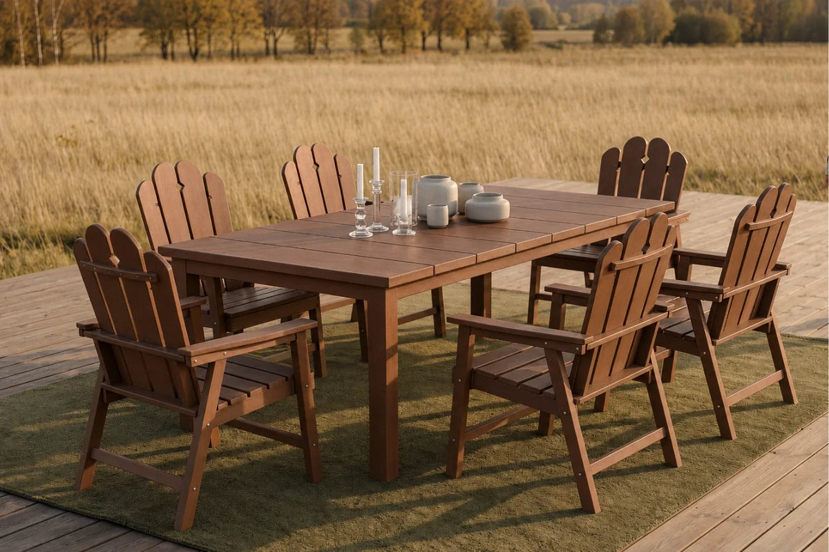 Light brown outdoor dining set with 6 chairs and table in a field setting