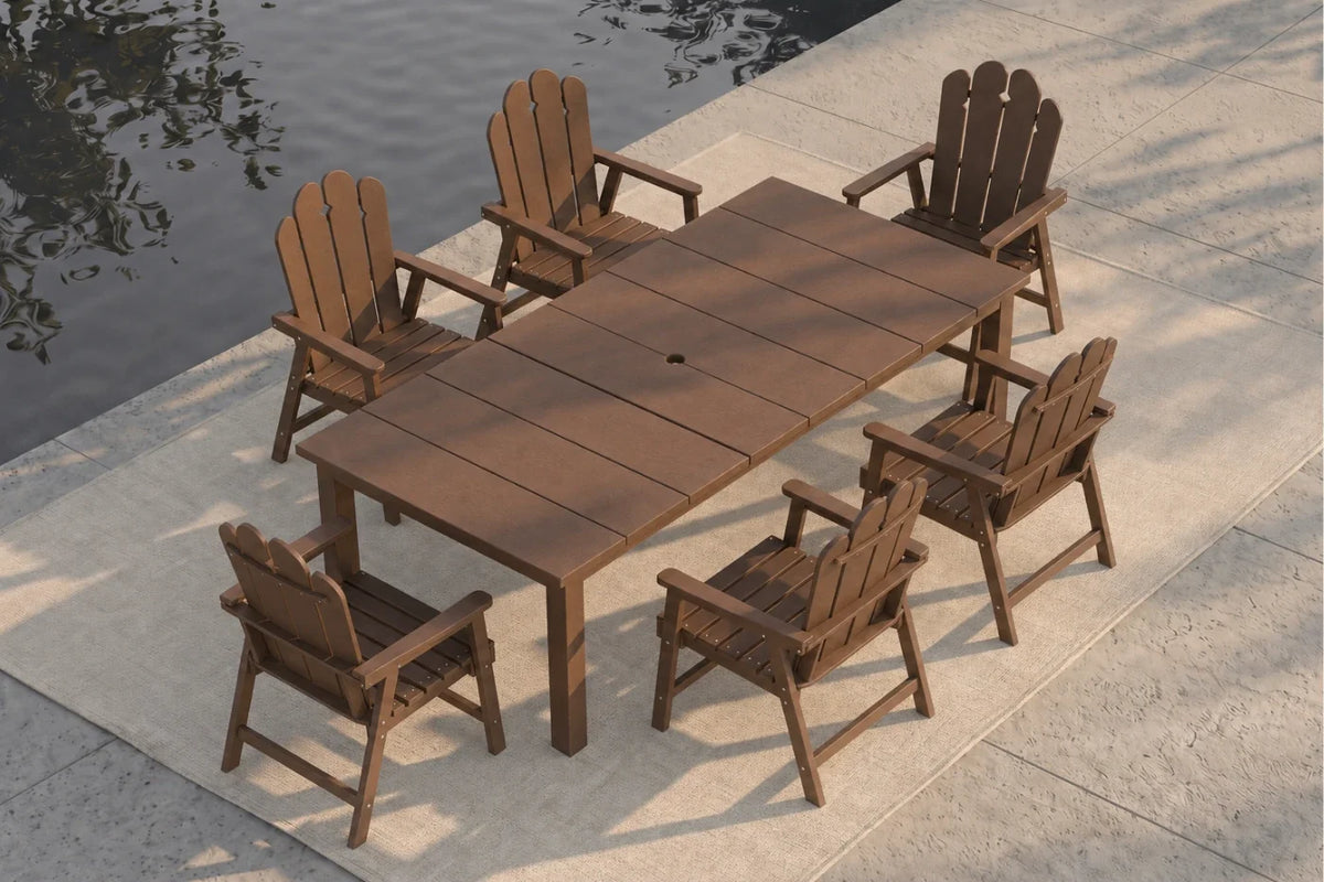 Light brown outdoor dining table with 6 chairs by a body of water