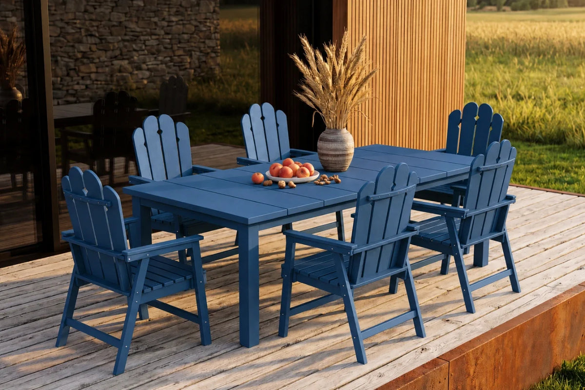 Navy Blue outdoor dining set with table and 6 chairs on a wooden deck.