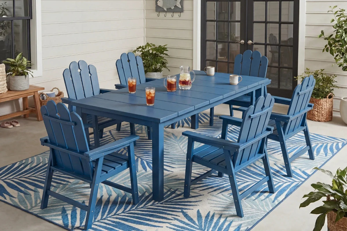 Navy blue outdoor dining set with table and 6 chairs on a patio