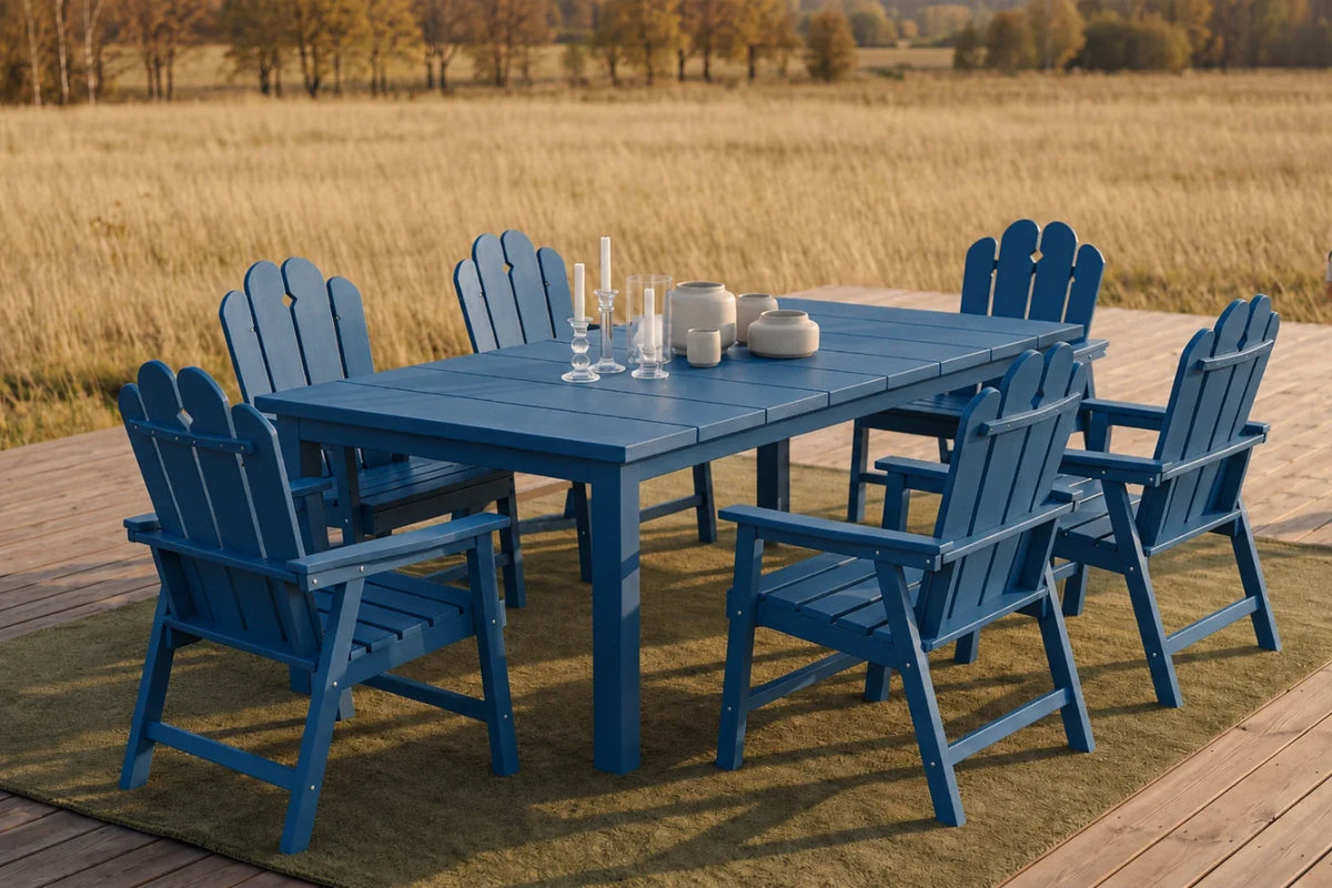 Navy Blue outdoor dining set with table and 6 chairs on a wooden deck with a field background
