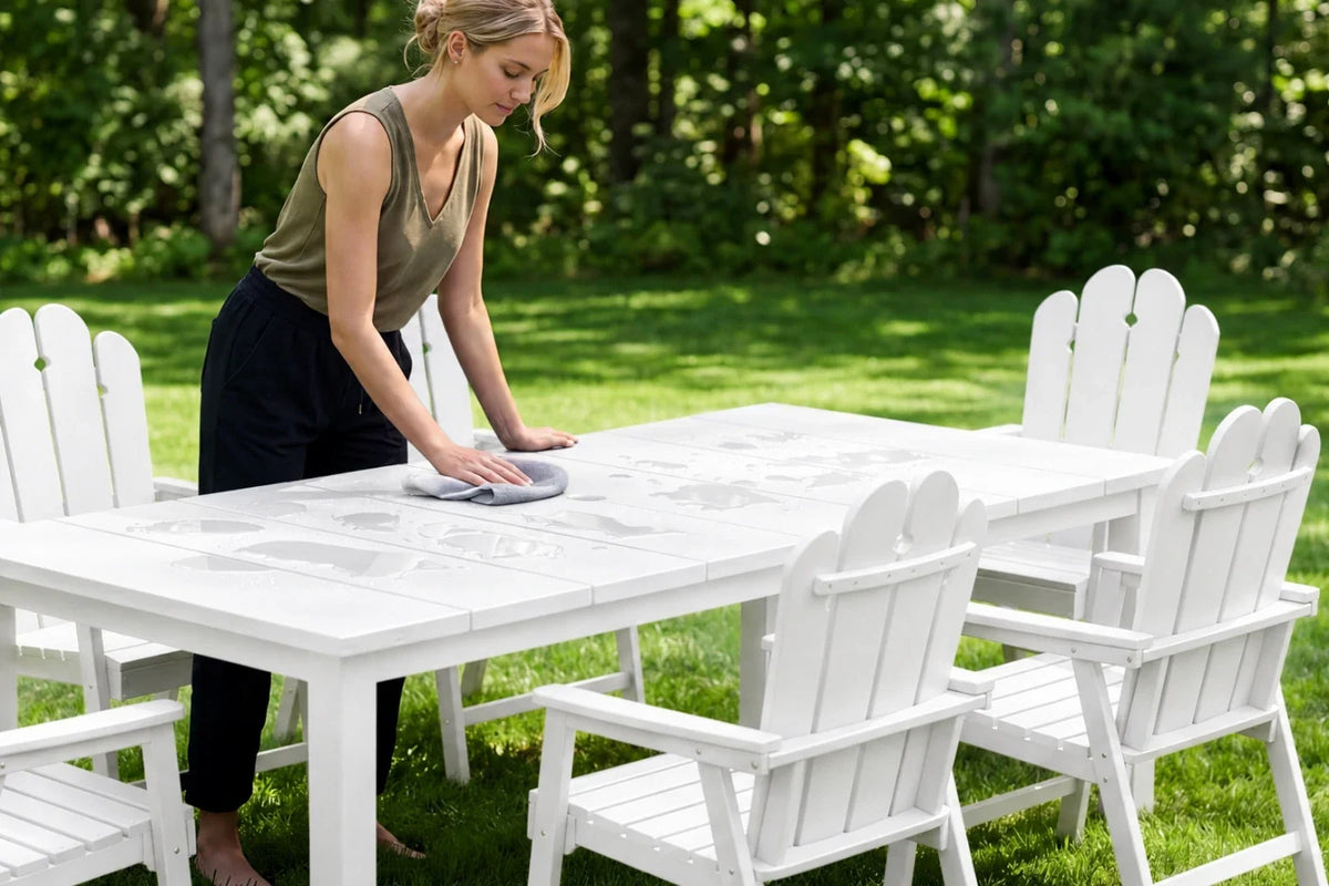 Woman cleaning a white outdoor table and chairs in a garden setting