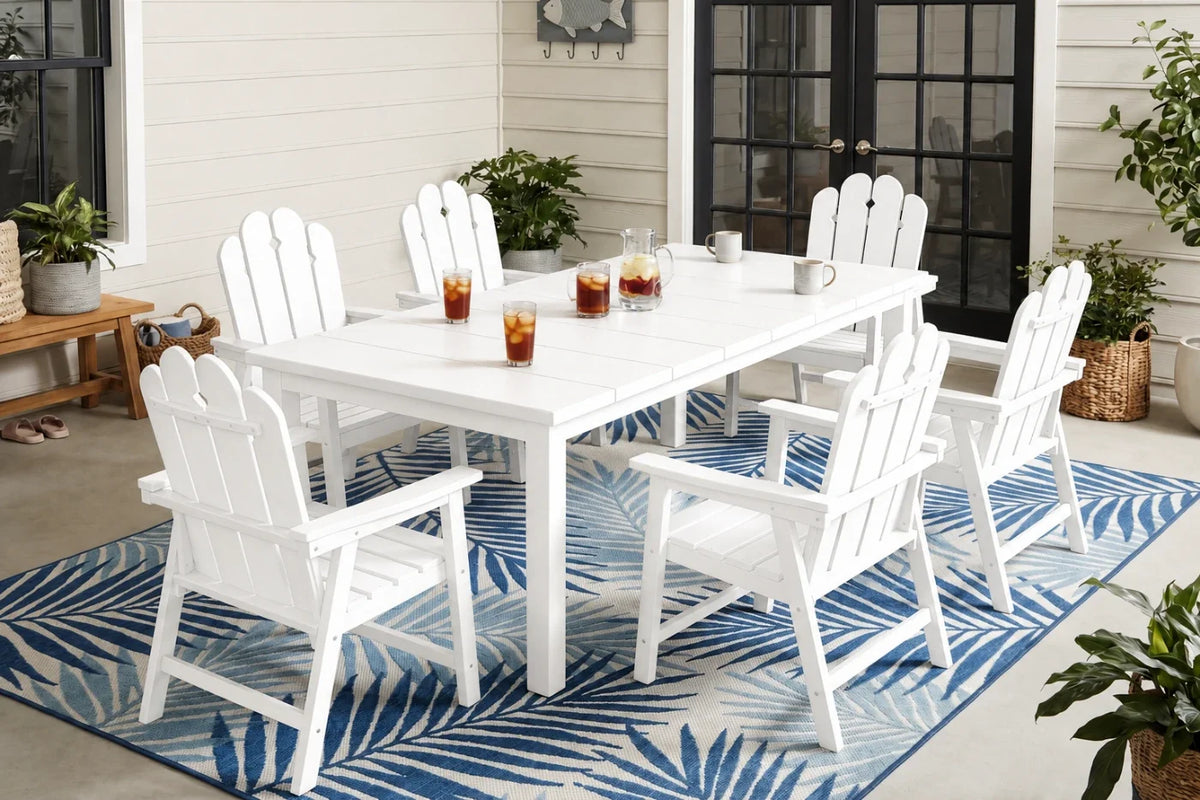 White outdoor dining set with chairs on a blue and white patterned rug.