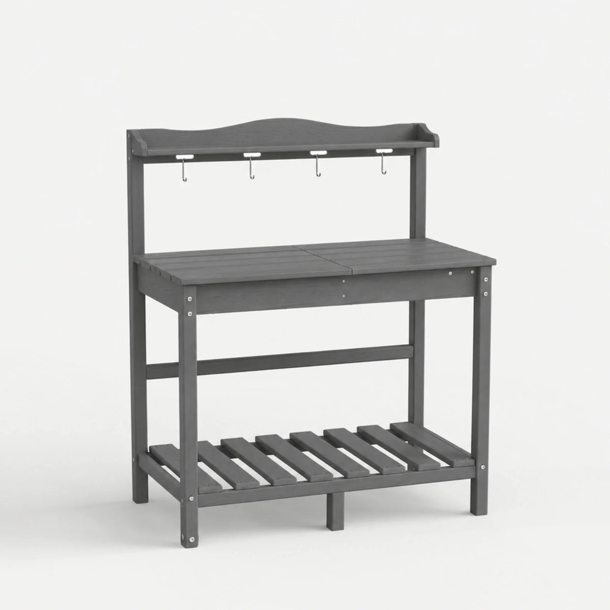 A dark gray HDPE outdoor potting bench with a shelf, a top work surface, and a backrest with hanging hooks, shown on a light gray background.
