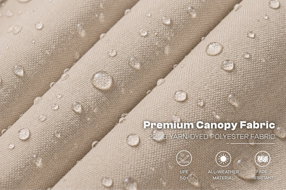 Close-up of beige canopy fabric with water droplets on a textured woven surface. White text reads 'Premium Canopy Fabric' and '220G YARN-DYED POLYESTER FABRIC,' with small feature icons below.
