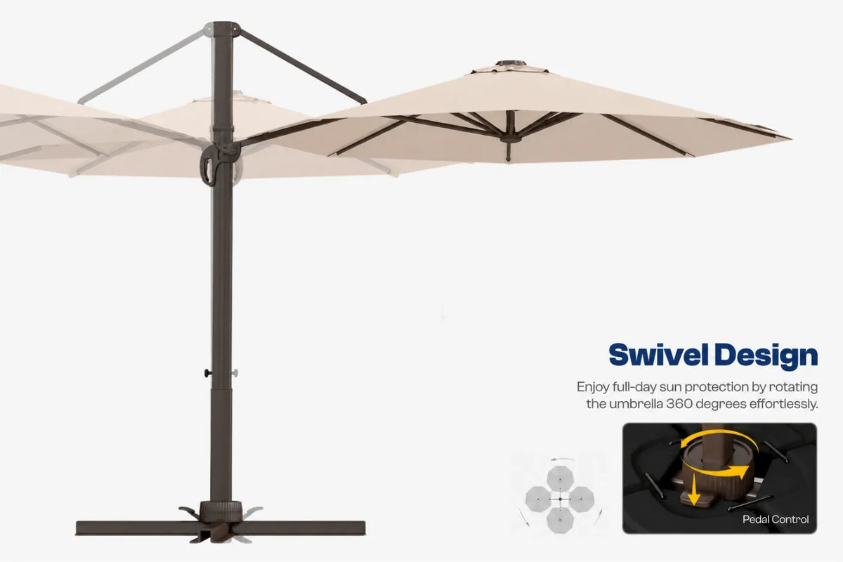 A cantilever patio umbrella with a beige canopy and a dark gray metal pole and base, shown on a light gray background with text reading 'Swivel Design' and a small inset showing the swivel mechanism.