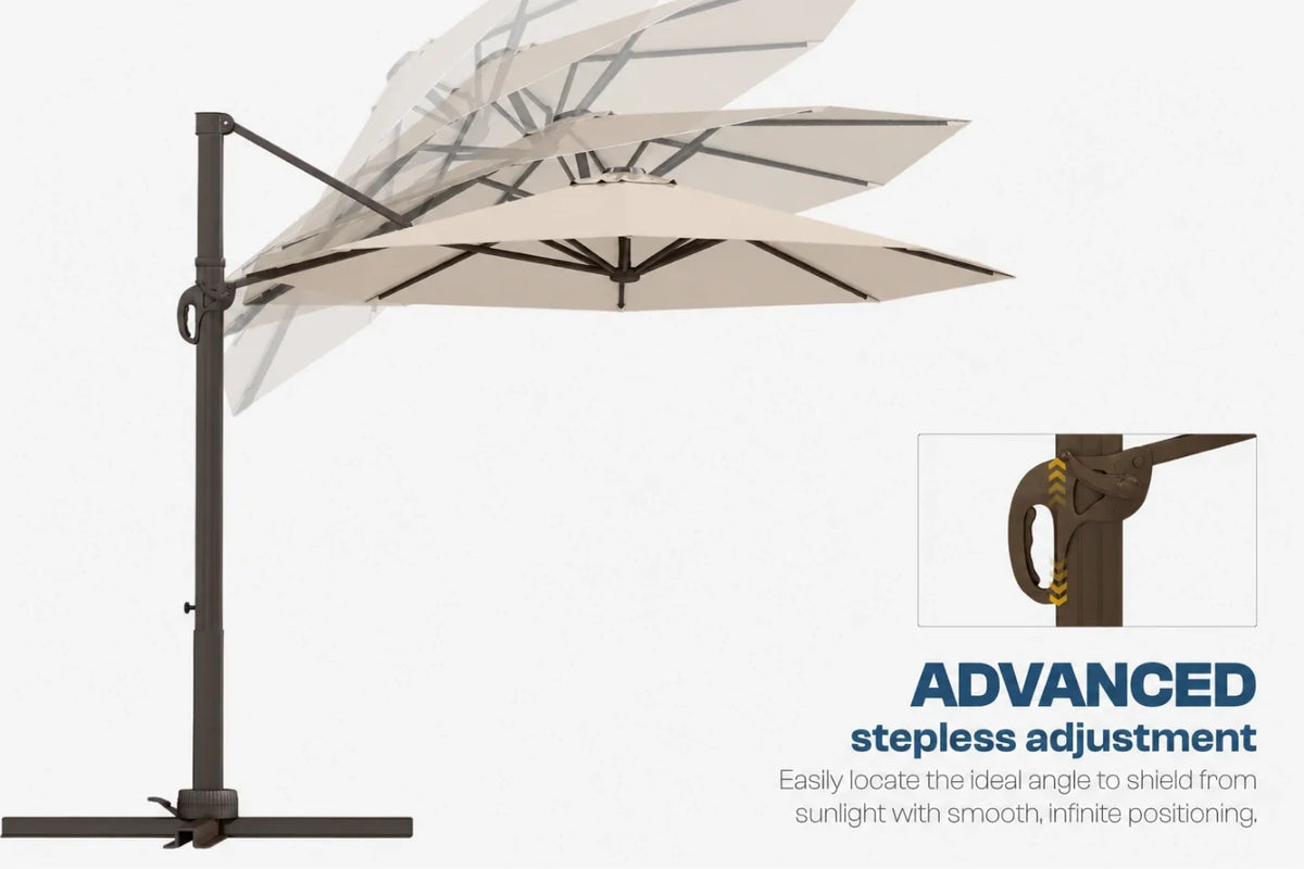 A cantilever patio umbrella with a multiple beige canopy panels, shown on a white background with an inset detail of the stepless adjustment mechanism and marketing text.