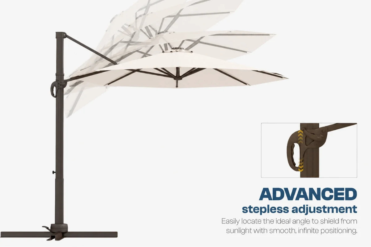 A cantilever patio umbrella with a dark metal pole and canopy, shown on a light gray background with an inset detail of the stepless adjustment mechanism and text reading 'ADVANCED stepless adjustment.'.