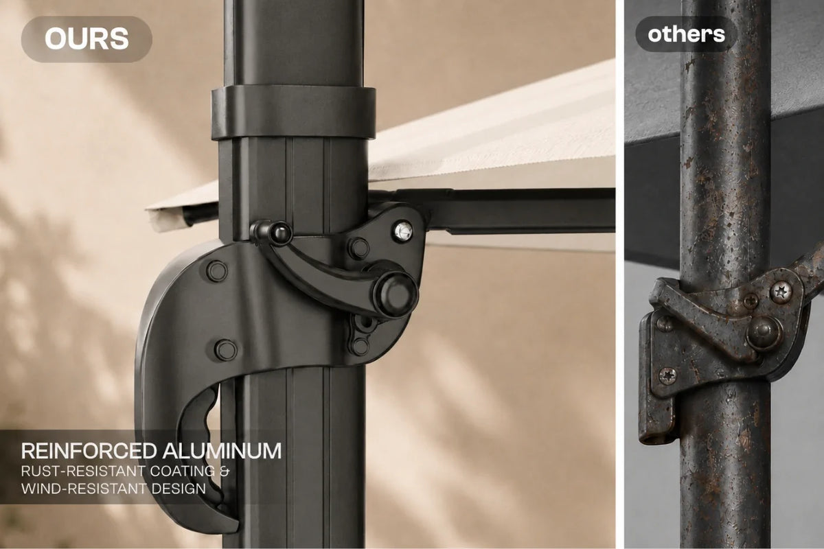 Close-up comparison of an aluminum patio umbrella pole clamp versus a rusted metal pole clamp, with text highlighting reinforced aluminum and rust-resistant design.