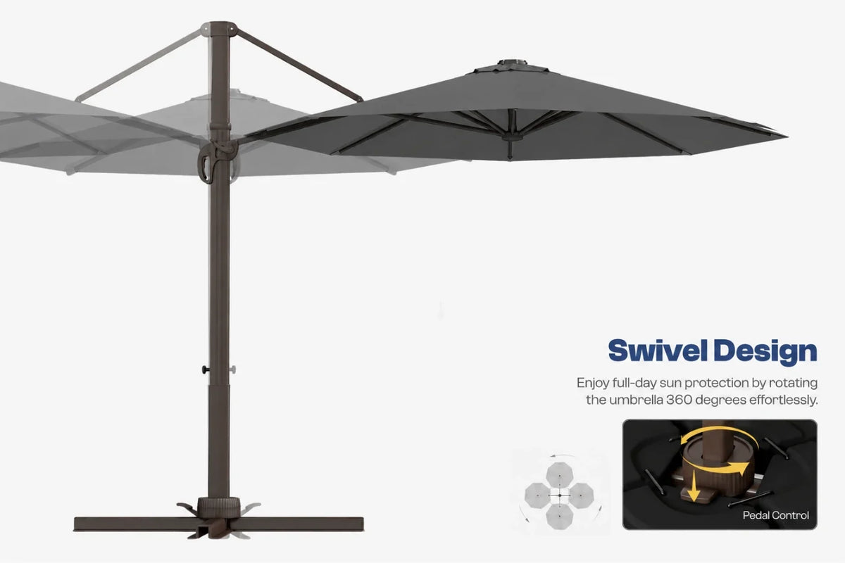 A cantilever-style patio umbrella in dark gray fabric with a dark metal frame and base, shown on a light gray background with marketing text reading 'Swivel Design' and a small inset showing the swivel mechanism.