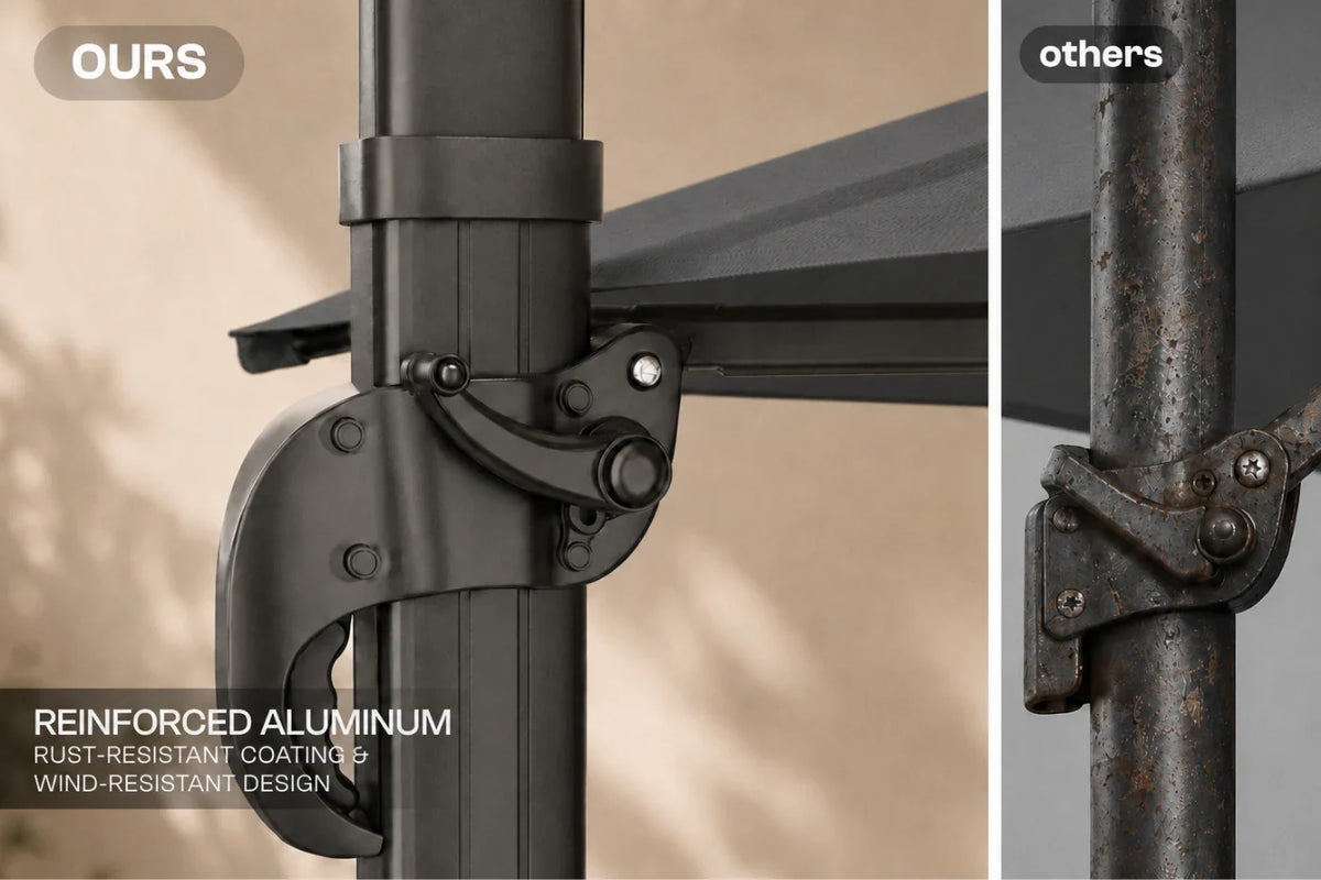 Close-up comparison of an aluminum pole joint labeled 'OURS' on the left and a rusted metal joint labeled 'others' on the right, with text reading 'Reinforced Aluminum' and 'Rust-Resistant Coating & Wind-Resistant Design.'.
