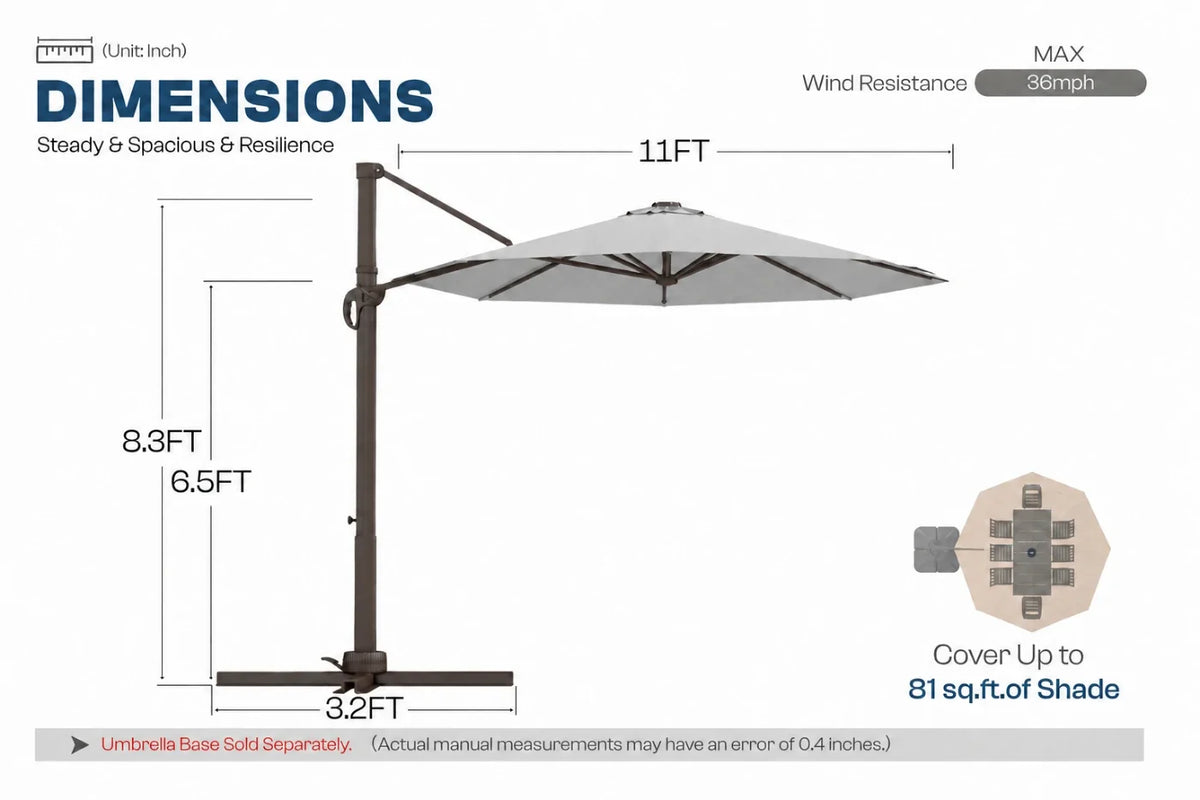A dimension diagram of a patio umbrella with a gray canopy and metal frame, showing measurements of 11 feet wide canopy, 8.3 feet height.