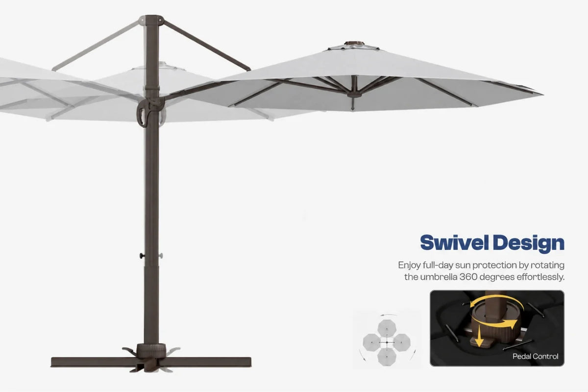 A cantilever-style patio umbrella in gray fabric with a dark metal frame and base, shown on a light gray background with marketing text reading 'Swivel Design' and a small inset showing the swivel mechanism.