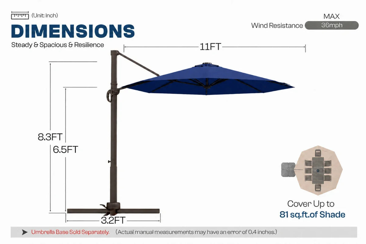 A dimension diagram of a navy blue cantilever patio umbrella with a dark metal base and pole, showing measurements of 11ft width, 8.3ft height.