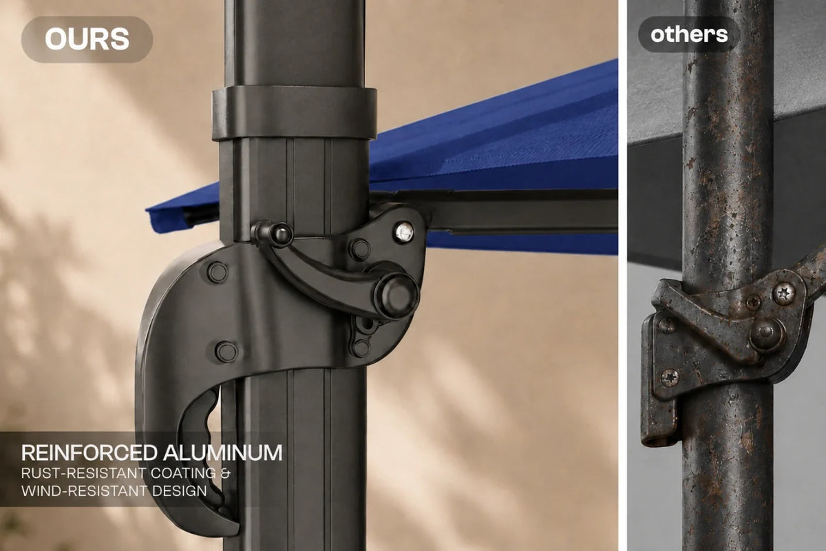 Close-up comparison of an aluminum patio umbrella pole clamp versus a rusted metal pole clamp, with text highlighting reinforced aluminum and rust-resistant design.