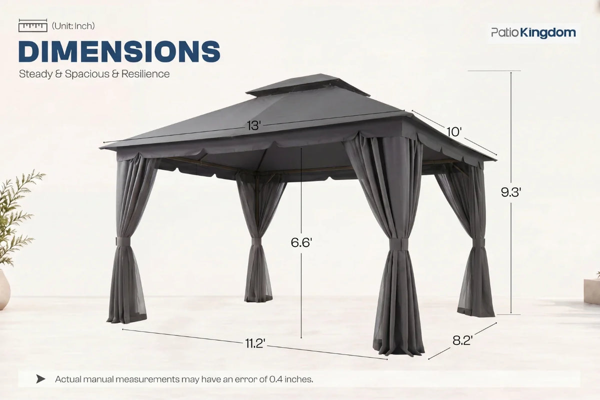 Measurement chart of a gray gazebo with dimensions labeled, featuring the brand 'Patio Kingdom'.