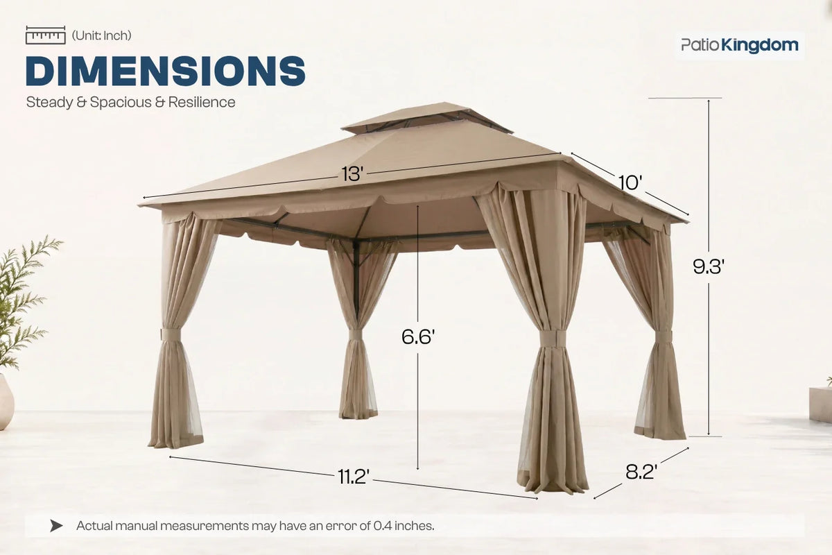 Measurement chart of a patio gazebo with dimensions labeled, featuring the brand 'Patio Kingdom'.