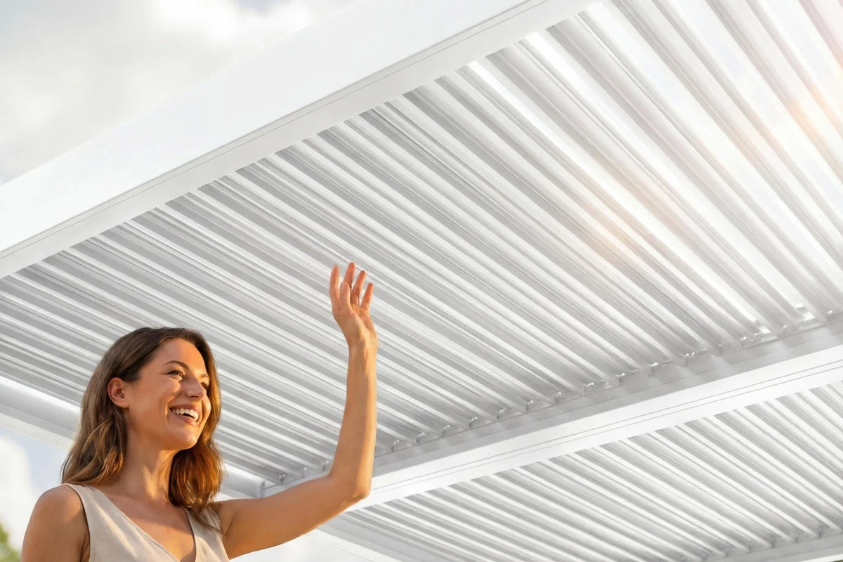 Woman standing under a white pergola on a sunny day