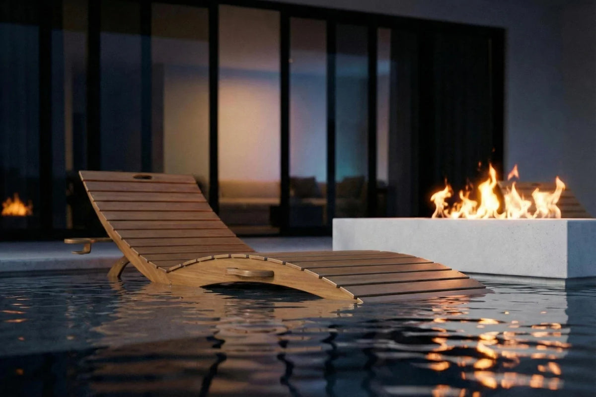 Wooden lounge chair by a pool with a fire pit in the background
