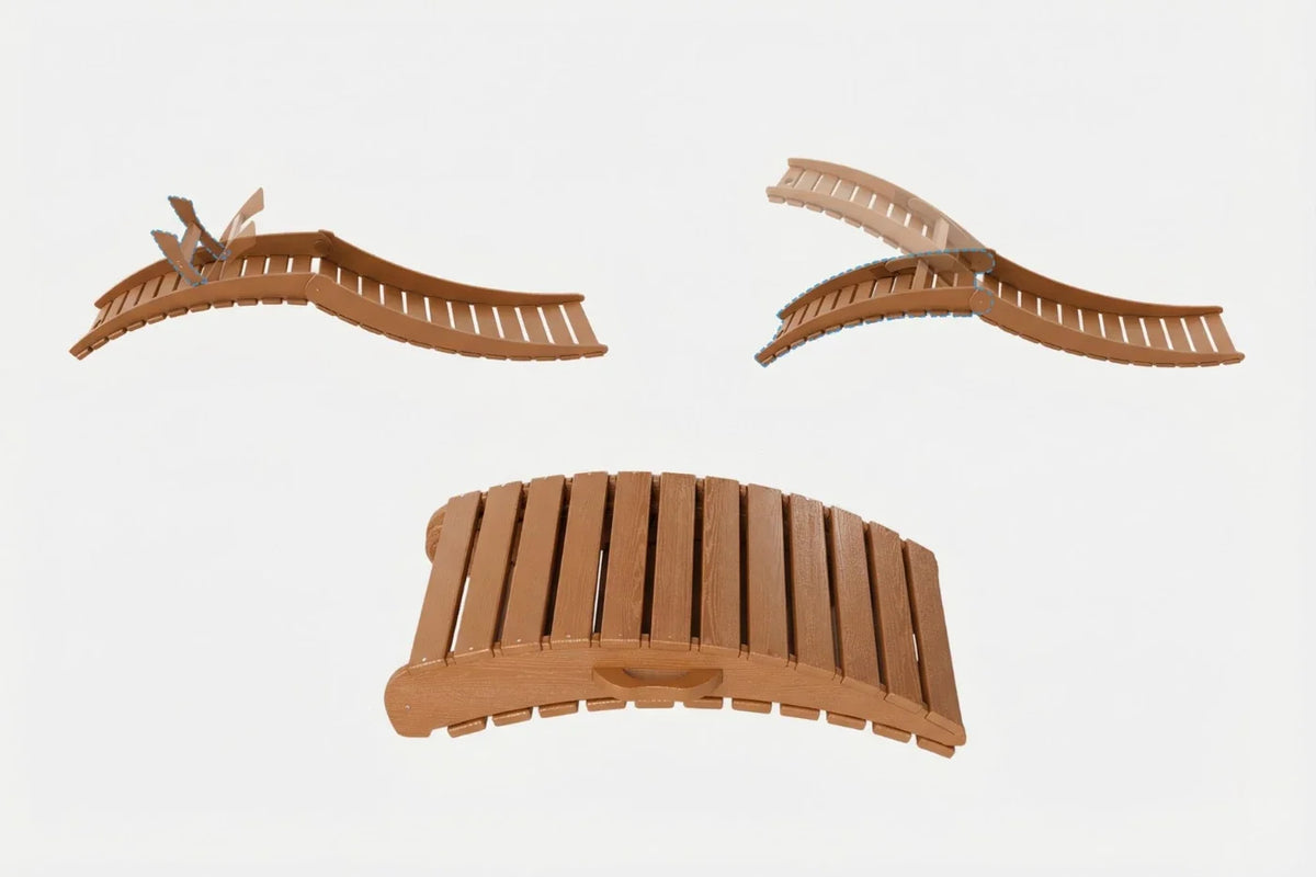 Three wooden deck chairs on a white background