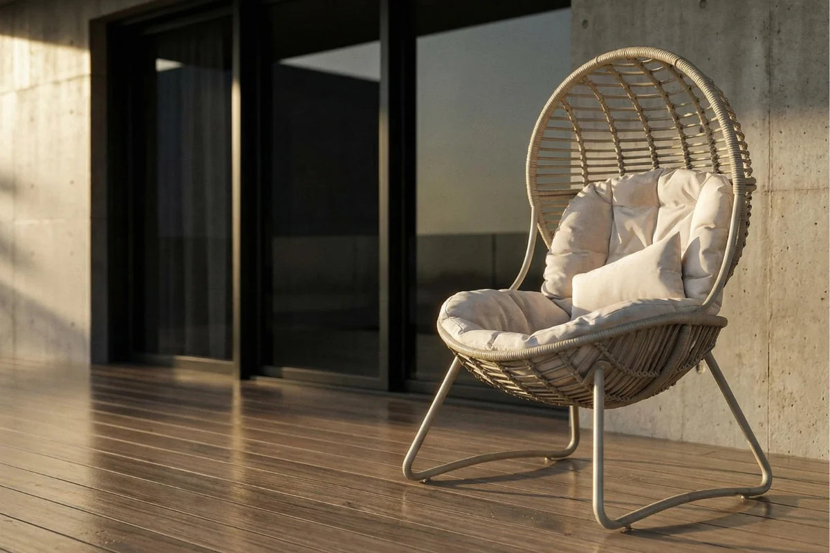 Wicker chair with cushions on a wooden deck