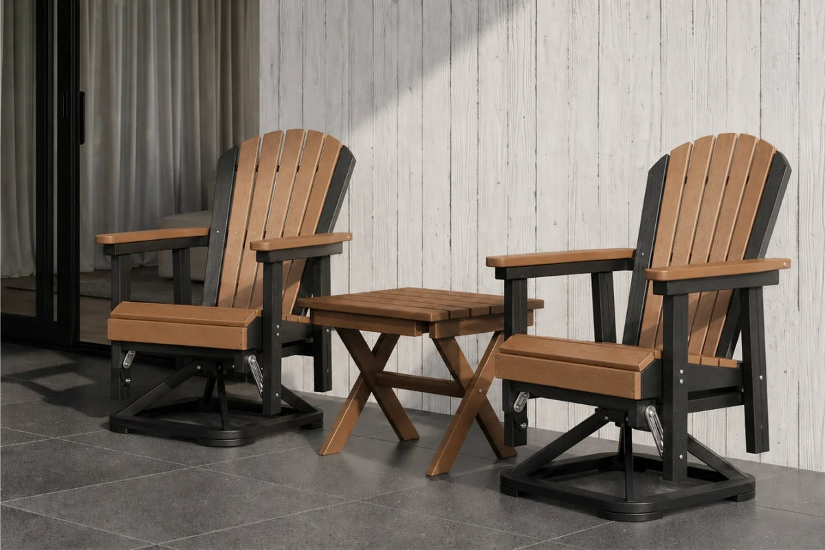 Two outdoor Adirondack-style swivel chairs with a matching small folding side table, shown on a patio against a light wood-paneled wall.