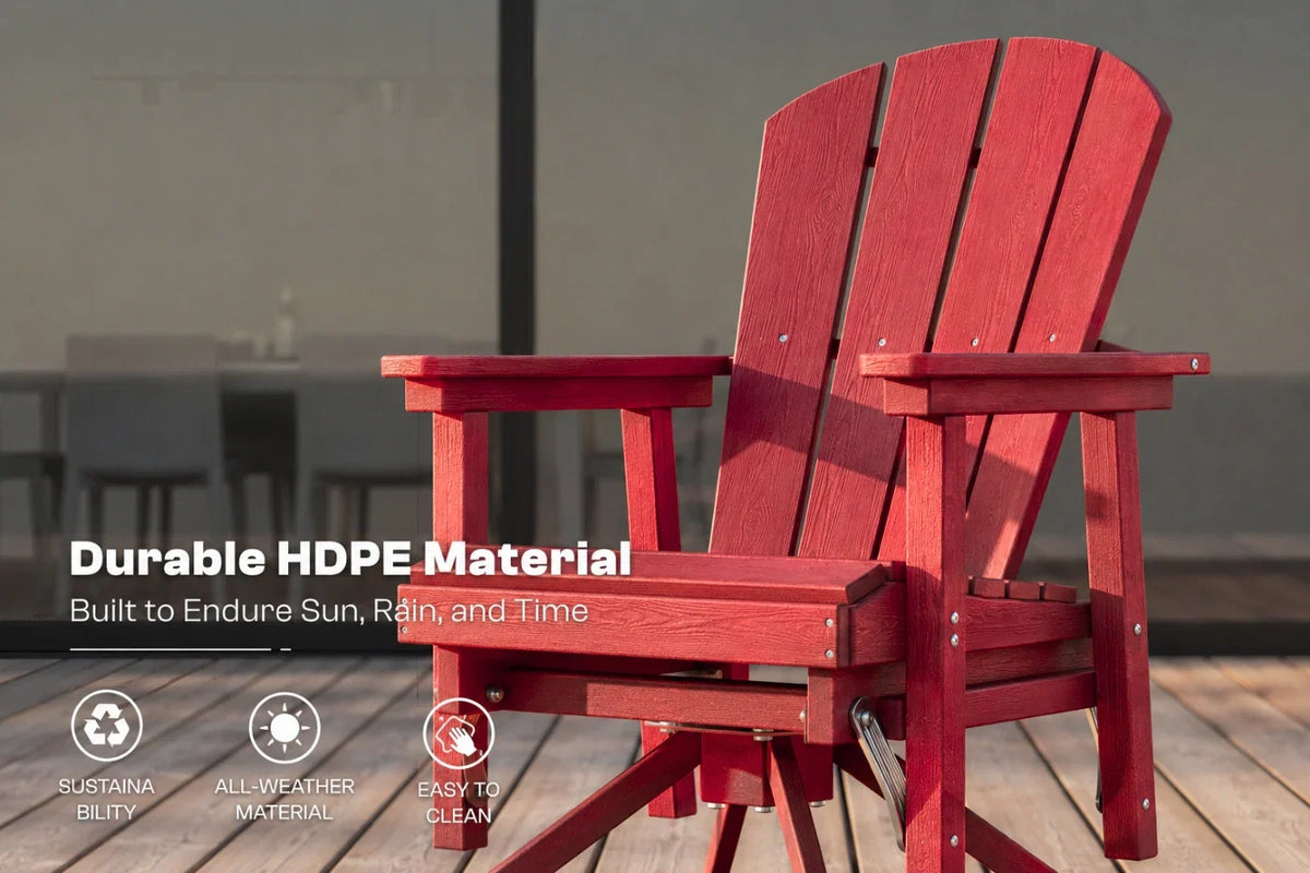Red Adirondack chair on a wooden deck with text about durable HDPE material.