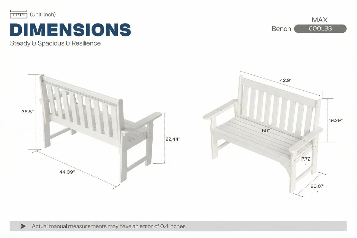 Dimensions of two white benches with measurements on a white background