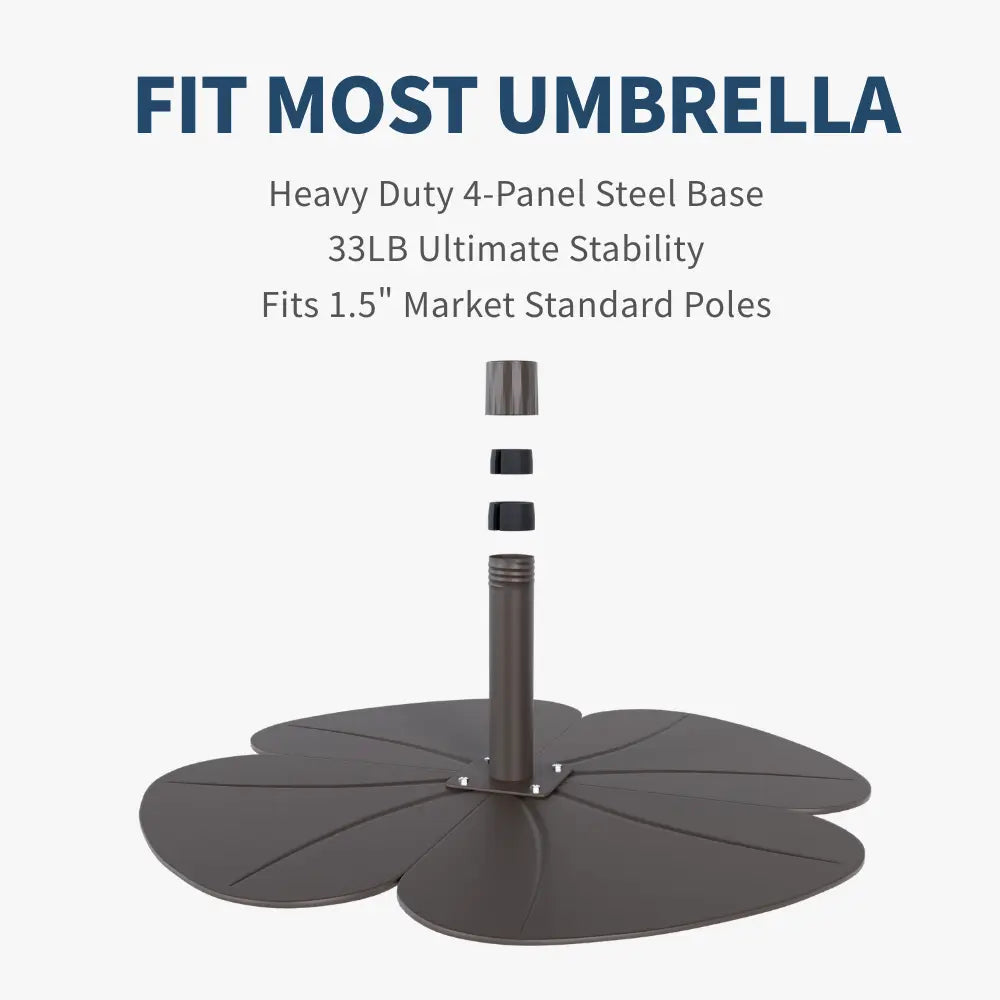 Heavy-duty 4-panel steel umbrella base with stability and size details.