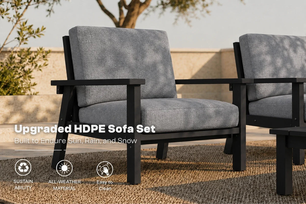 Outdoor patio armchair set with gray upholstered cushions and black metal frames, shown in a real garden setting with text overlay reading 'Upgraded HDPE Sofa Set' and feature icons.