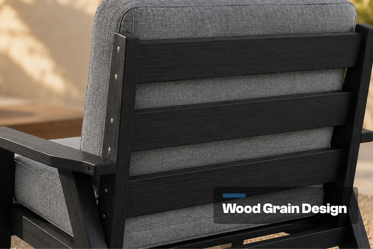 Close-up of the back of an outdoor chair with a black wood-look frame and gray textured fabric cushions. A text overlay reads 'Wood Grain Design'.