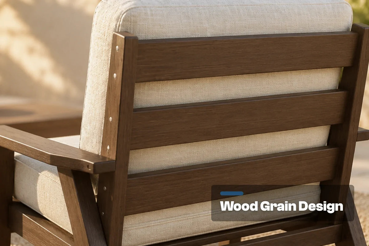 Close-up of the backrest of a outdoor chair with creamy white textured cushions. The image highlights the brown wood grain slats and includes a text overlay that reads 'Wood Grain Design'.