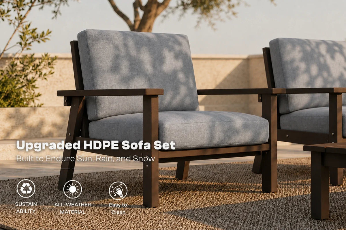Outdoor patio armchairs with gray HDPE cushions and brown frames, shown on a woven rug with a patio wall and tree in the background. Text overlays describe the upgraded HDPE sofa set and highlight weather-resistant features.