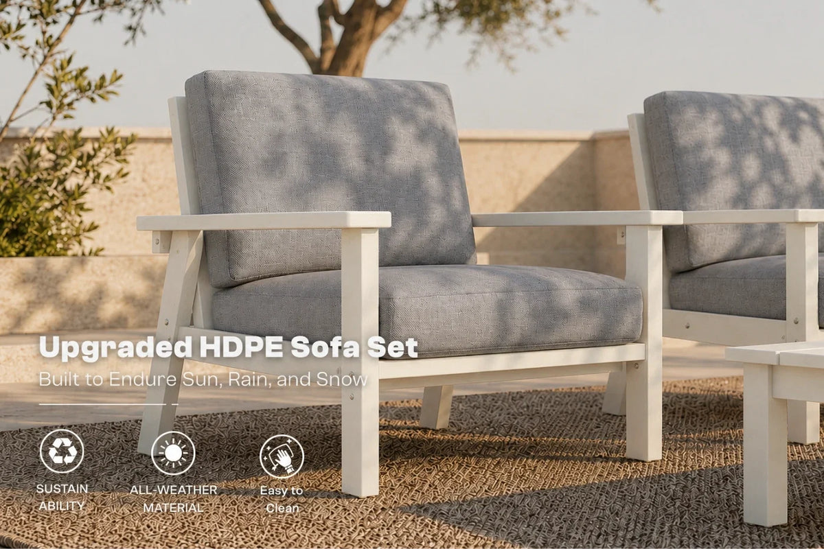 Outdoor patio sofa set with gray cushions and white frames, shown in a real environment with text overlay reading 'Upgraded HDPE Sofa Set' and feature icons below.