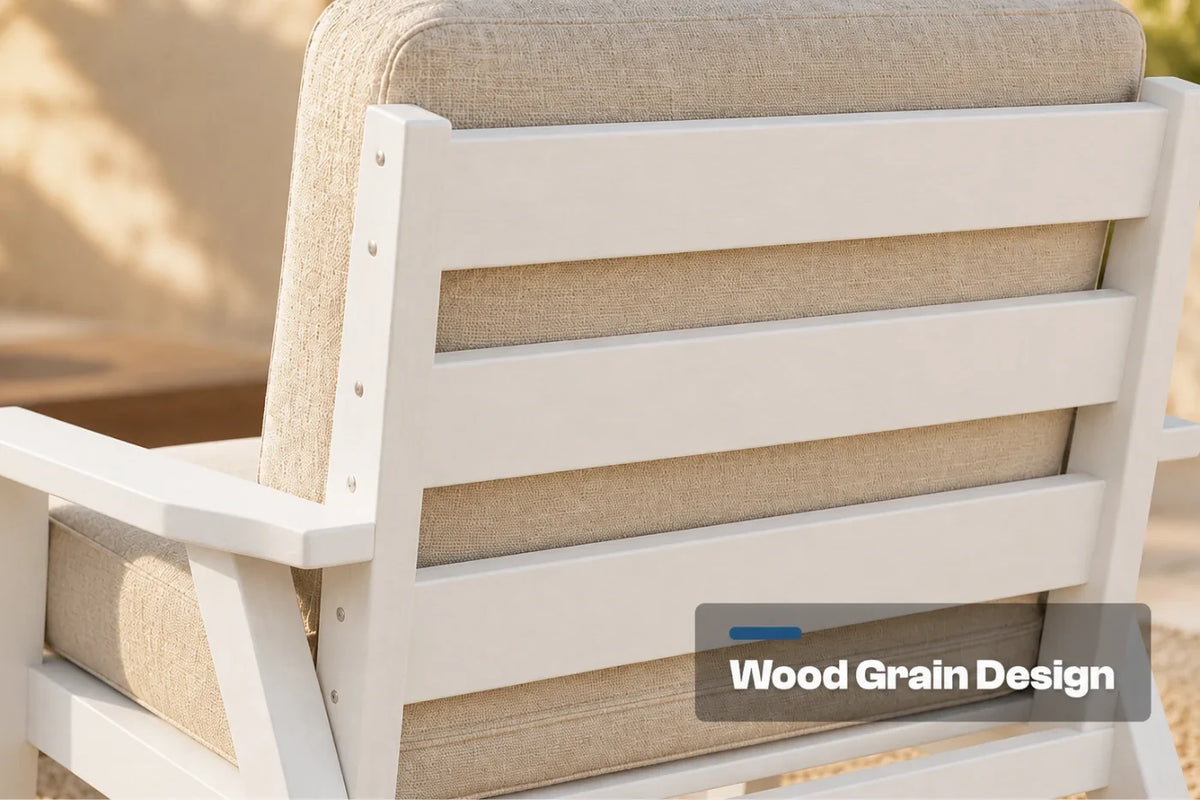 Close-up of the back of an outdoor chair with a white slatted frame and creamy white textured cushion, featuring a text overlay that reads 'Wood Grain Design'.