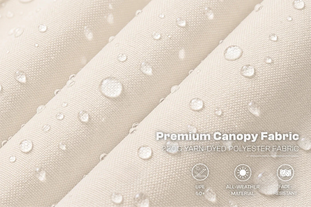 Close-up of creamy white canopy fabric with water droplets on a folded surface, with text reading 'Premium Canopy Fabric' and small feature icons below.