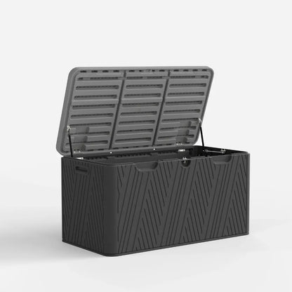 Black storage box with open lid on a white background