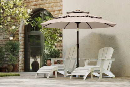 Outdoor patio set with two chairs and a large umbrella on a wooden deck.
