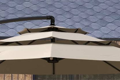 White patio umbrella with black frame against a blue tiled roof background