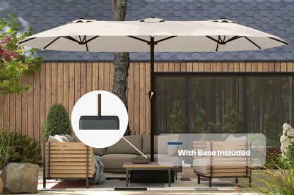 Patio umbrella with base included in an outdoor setting