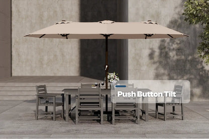 Outdoor dining set with a large beige umbrella on a concrete patio.