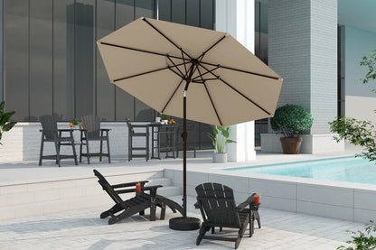 Beige patio umbrella with stand on a patio area near a pool.