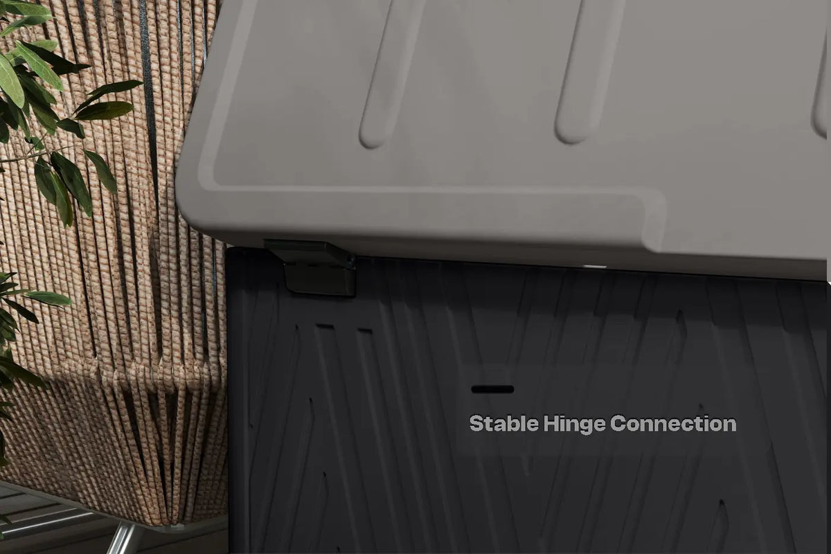Black storage bin with a stable hinge connection label next to a woven basket.