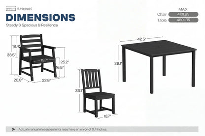 Dimensions of a black outdoor table and chairs with weight capacity labels.