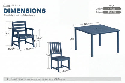 Dimensions of a blue chair and table set with weight capacity labels.