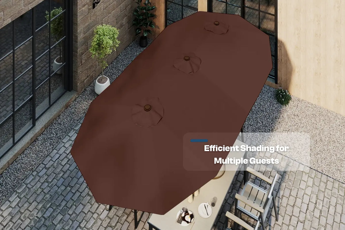 Brown outdoor umbrella on a patio with text 'Efficient Shading for Multiple Guests'.